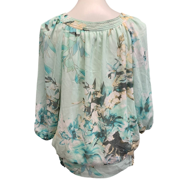 Dressbarn Womens XL Long Blouson Sleeve Floral Gathered Waist Flower Blouse Top