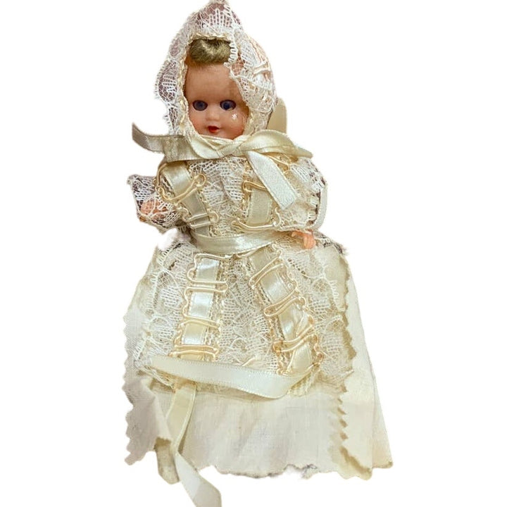 Vintage 4" Small Blond Closing Blue Eyed Plastic Baby Doll in Christening Dress
