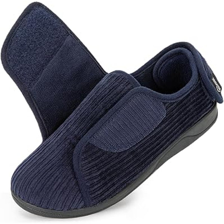HomeTop Womens Size 10 Navy Blue Corduroy Adjustable Hook Loop Diabetic Slippers