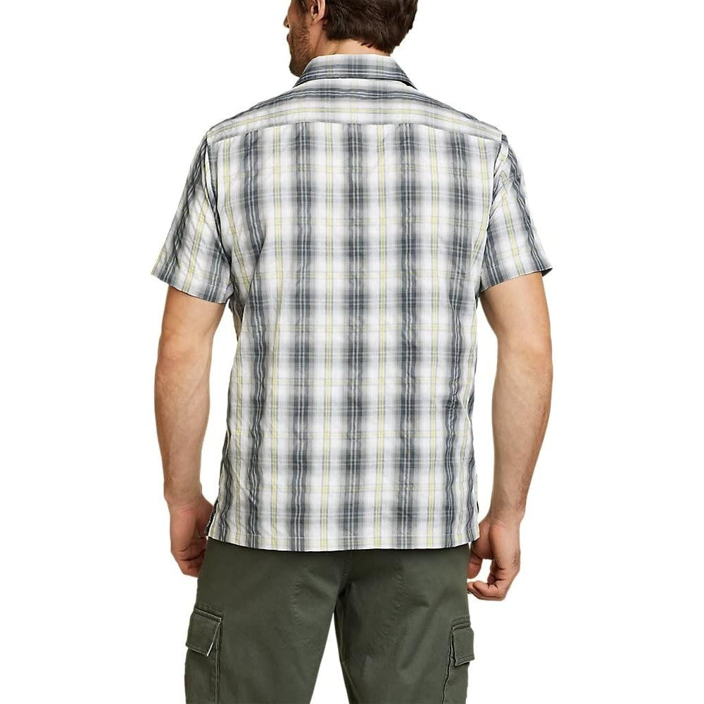 New Eddie Bauer Mens Gray Yellow Plaid Short Sleeve Rainier 2.0 UPF 50+ Shirt