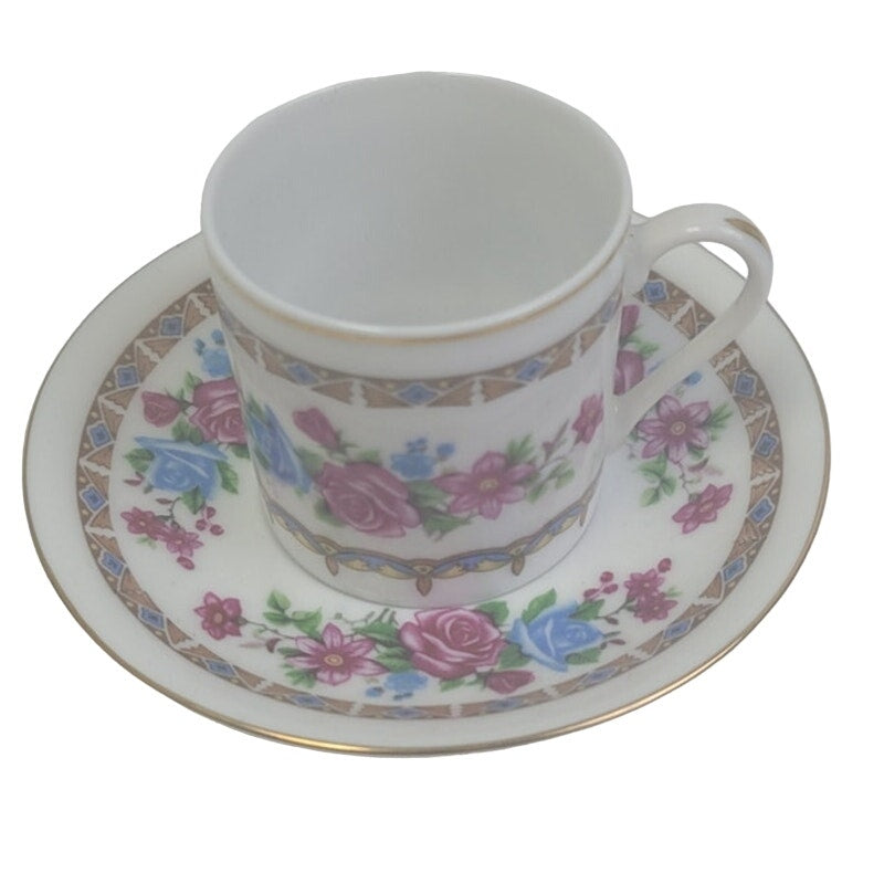 Vintage Made In China Ceramic Gold Rim Floral Pink Blue Rose Teacup Saucer Set