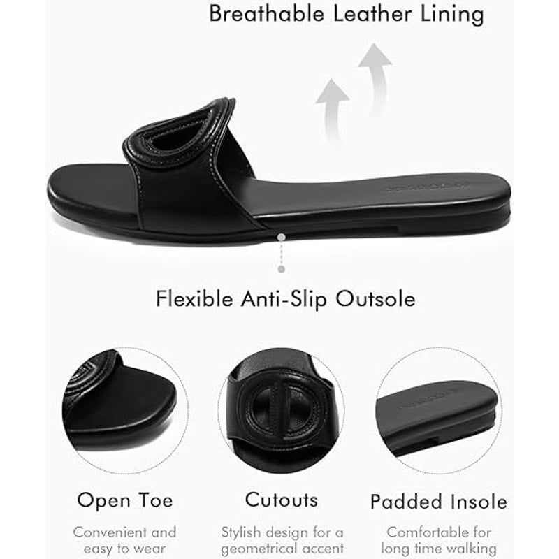 Coutgo Womens Size 7.5 Black Faux Leather Slide On Open Toe Dressy Flat Sandals