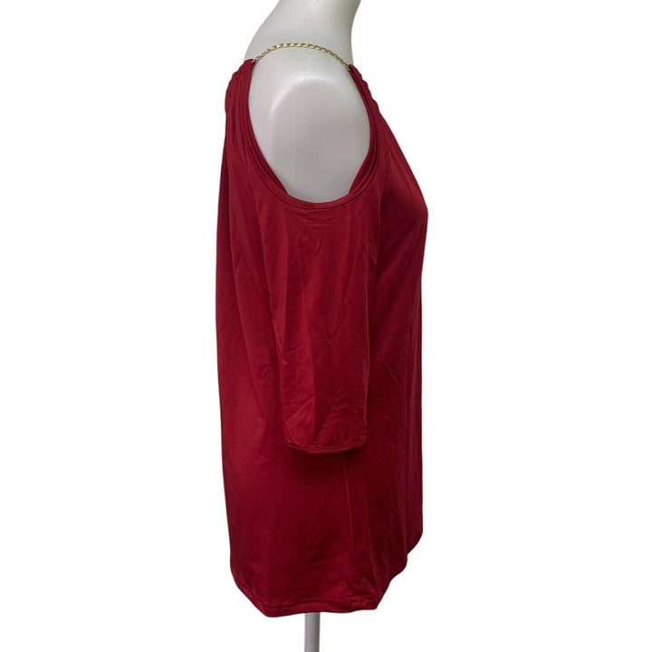 Womens XL Poly Cotton Cold Shoulder Chain Necklace Long Sleeve Red Blouse Top