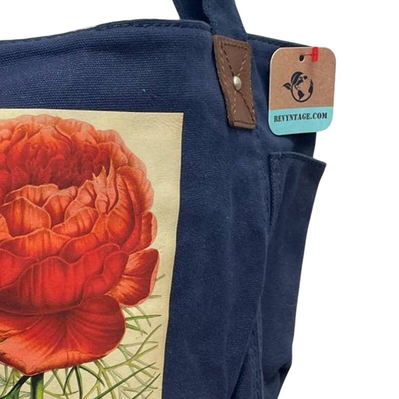 Faded Glory Navy Canvas Tote with Hand-Printed Red Peony, Upcycled