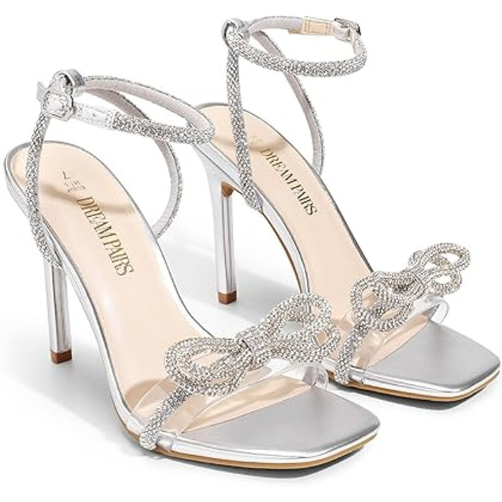 Dream Pairs Womens Size 8 Silver Sparkle Ankle Strap Open Toe 4.5" Heel Shoes
