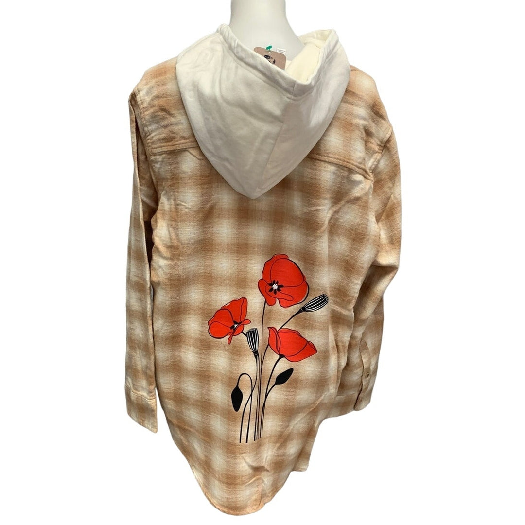 New Hand Printed Womens XL Red Poppy Flower Long Sleeve Plaid Flannel Hoodie