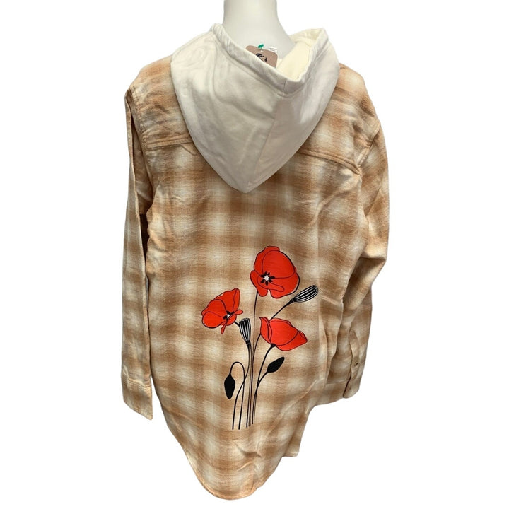 New Hand Printed Womens XL Red Poppy Flower Long Sleeve Plaid Flannel Hoodie