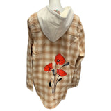 New Hand Printed Womens XL Red Poppy Flower Long Sleeve Plaid Flannel Hoodie