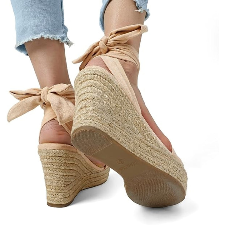 Dream Pairs Womens Size 9 Tan Faux Suede Open Toe 4.25" Wedge Espadrille Shoes