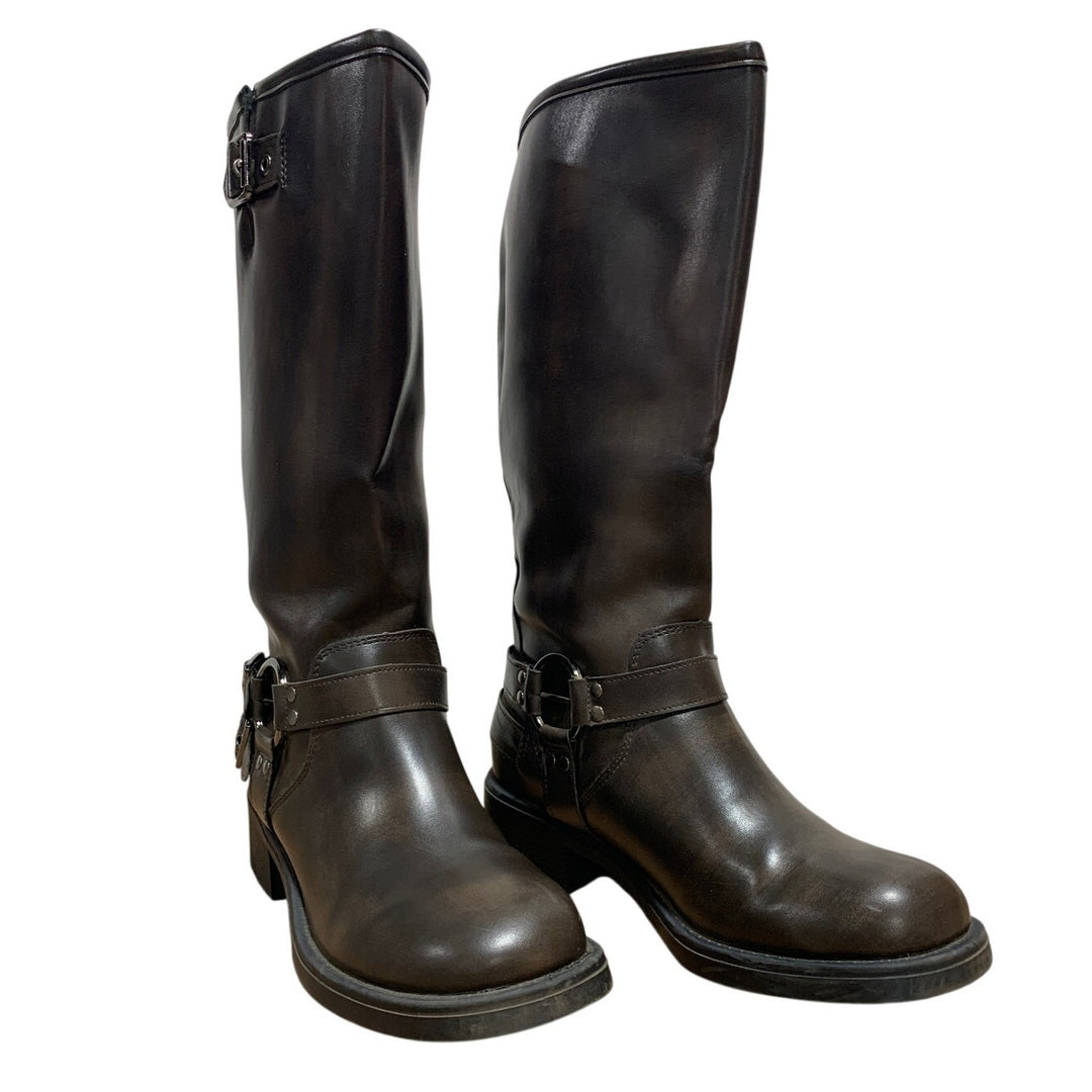 Aminugal Womens Size 7.5 Brown Faux Leather Knee High Square Toe Pull On Boots