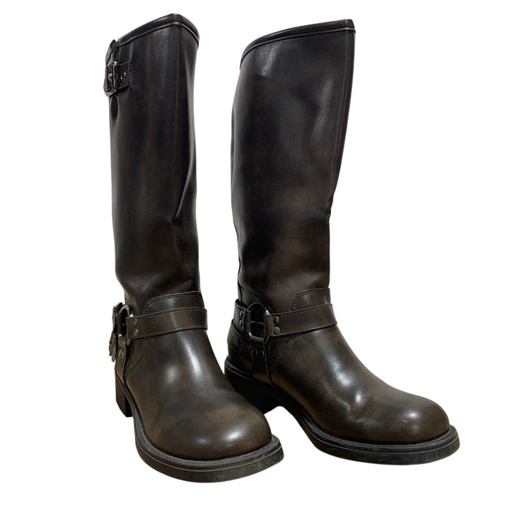Aminugal Womens Size 7.5 Brown Faux Leather Knee High Square Toe Pull On Boots