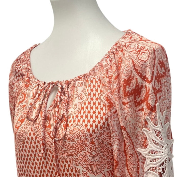 Cha Cha Vente Womens Medium Long Sleeve Boho Lacy Paisley Front Tie Blouse Top