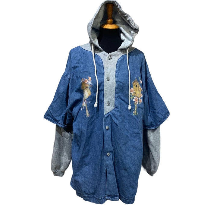 Warm Birdhouse Friends XL Womens Hoodie Sweatshirt Denim Button Up Shirt Combo