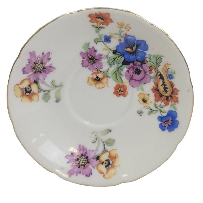 Vintage Made in Japan Ceramic Gold Rim Blue Pink Floral Teacup Saucer Set