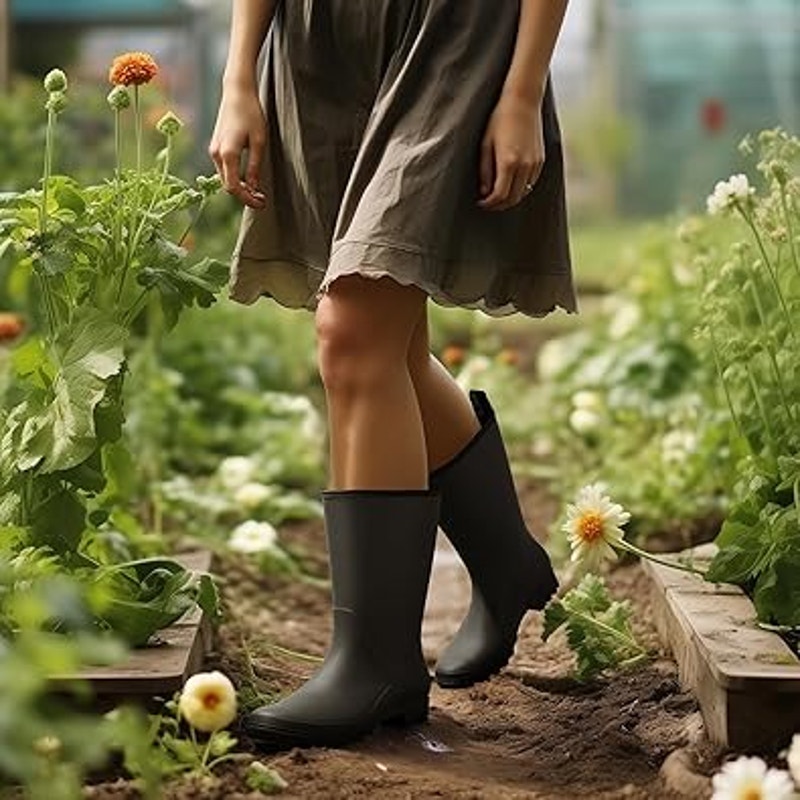 Hisea Womens Size 8 Wide Calf Black PVC Pull On Waterproof Garden Rain Boots