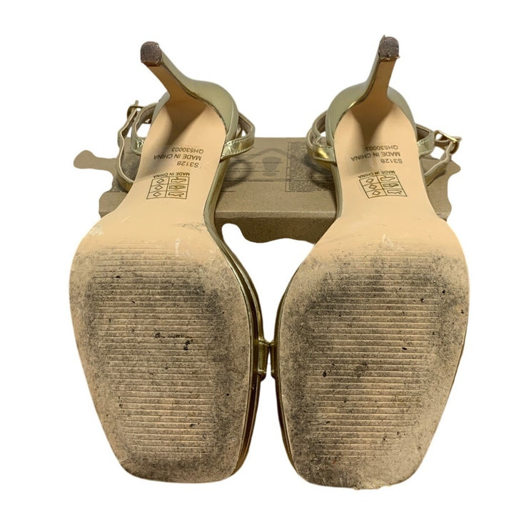Elisabet Tang Womens Size 7.5 Gold 4" Heels Open Square Toe Ankle Strap Shoes