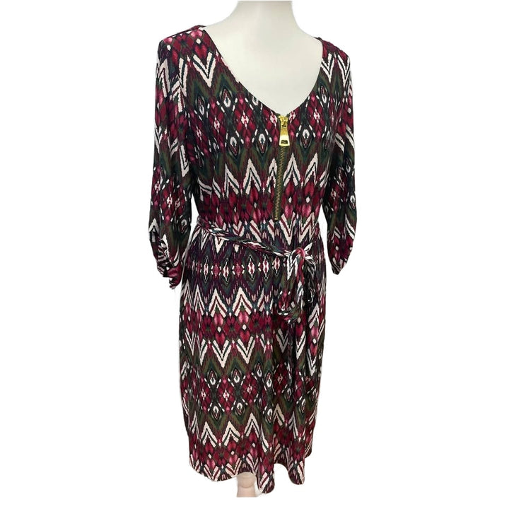 Tacera Womens 1X 3/4 Sleeve Geometric Pattern Belted Midi Lightweight Dress