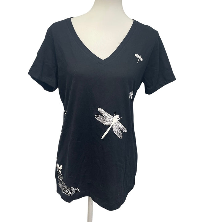 New Hand Printed Womens Large Dragonfly V-Neck PolyCotton Short Sleeve Tee Shirt