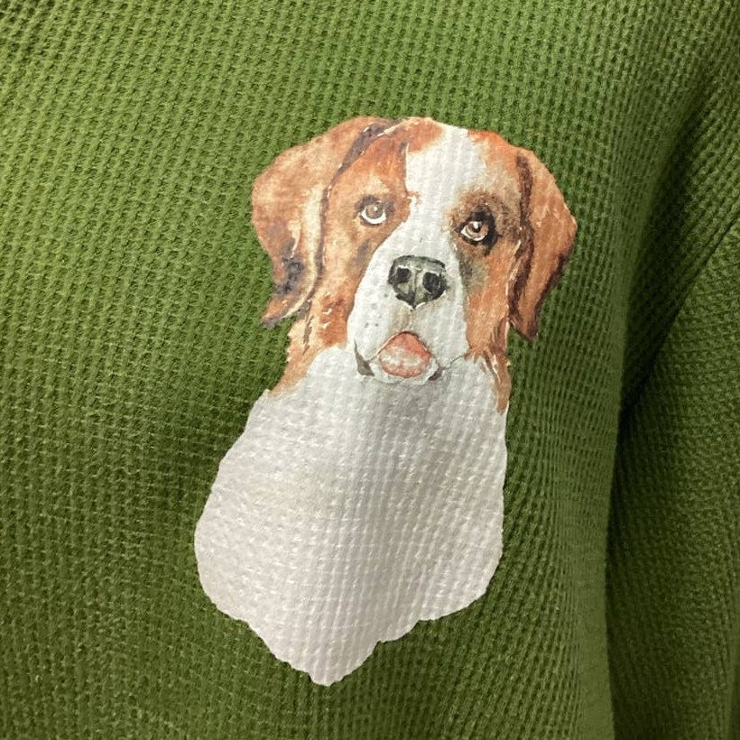 Hand Printed Mens XL Upcycled St Bernard Dog Long Sleeve Henley Waffled Shirt