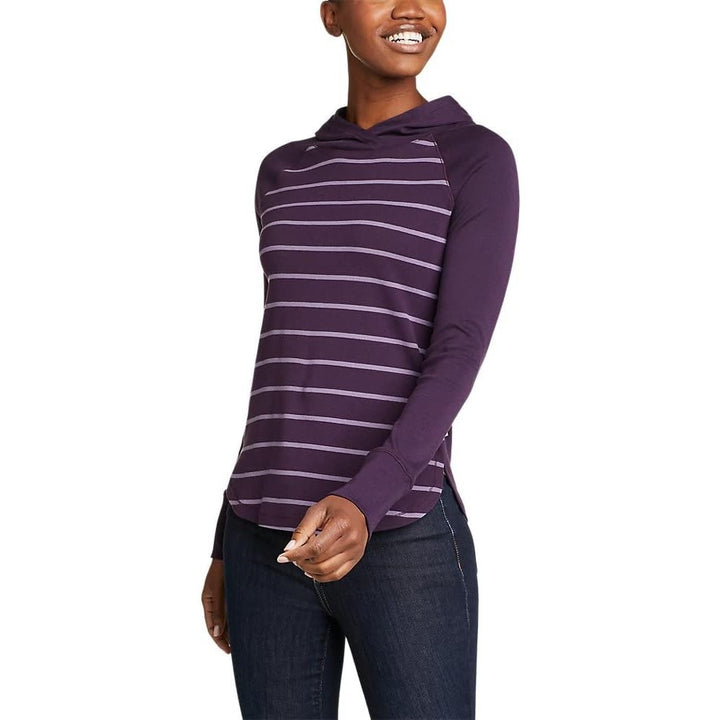New Eddie Bauer Womens Small Purple Stripe Favorite Pullover 100% Cotton Hoodie