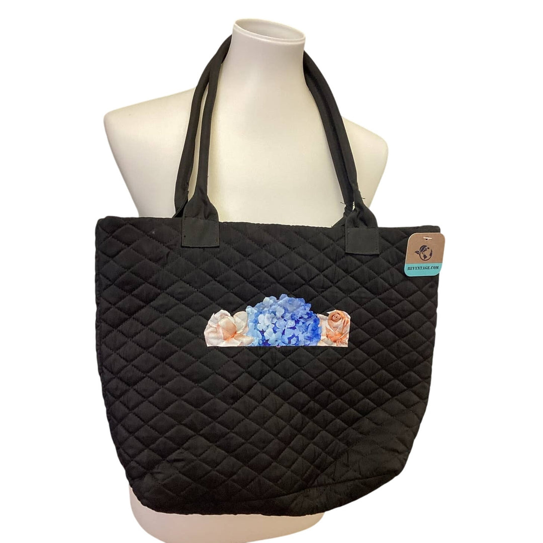 Hand Printed Upcycled Quilted Hydrangea Rose Tote Purse Handbag Bag