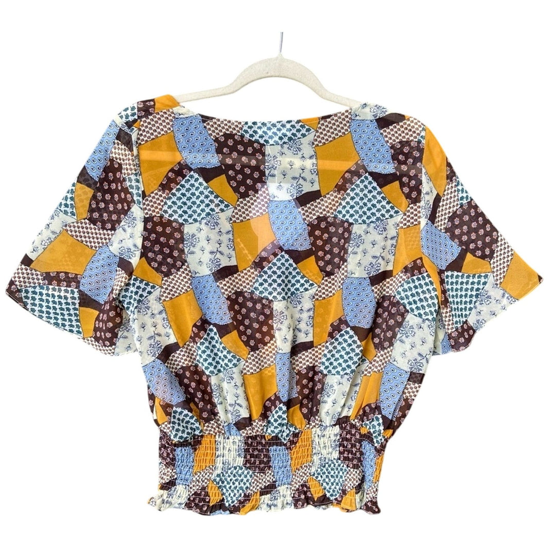 New Mittoshop Womens Large Patchwork Button Down Smocked Waist Cropped Sheer Top