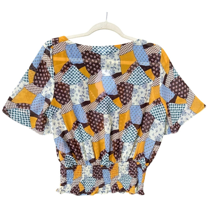 New Mittoshop Womens Large Patchwork Button Down Smocked Waist Cropped Sheer Top