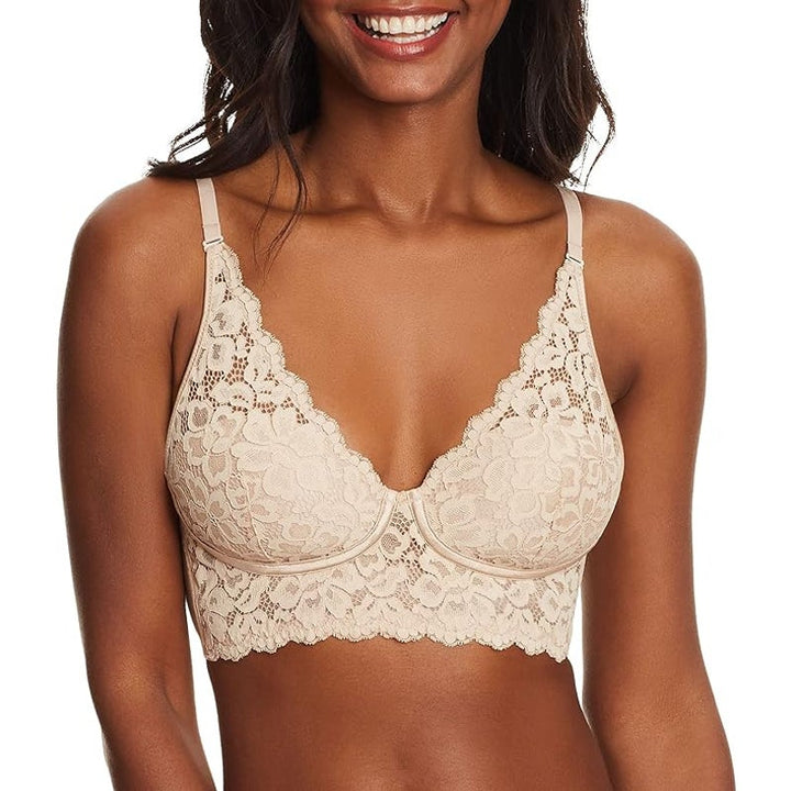 New Maidenform Womens 34D Tan Lacy Wireless Pure Comfort Lace Longline Bra