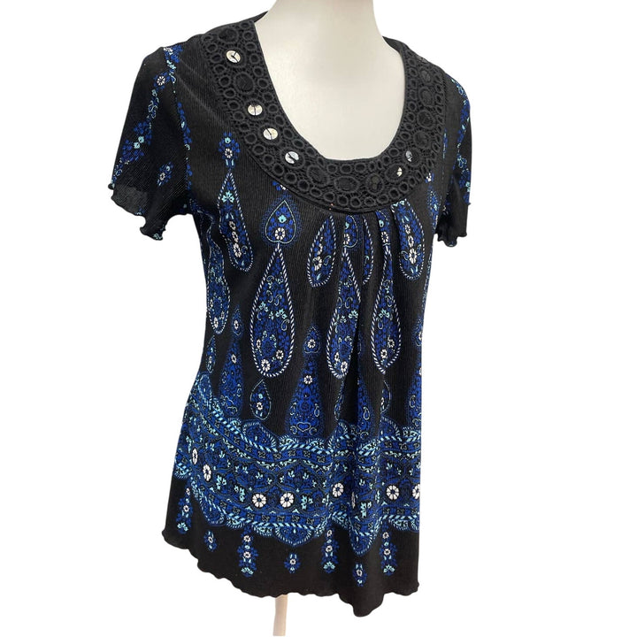 Elementz Womens Large Stretch Pleated Polyester Sequin Lace Short Sleeve Blouse