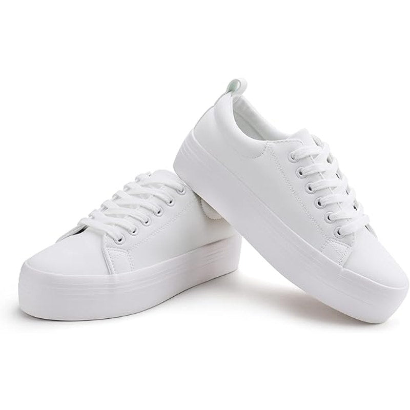 New Jabasic Womens Size 8 White Faux Leather Lace Up Platform Sneaker Shoes