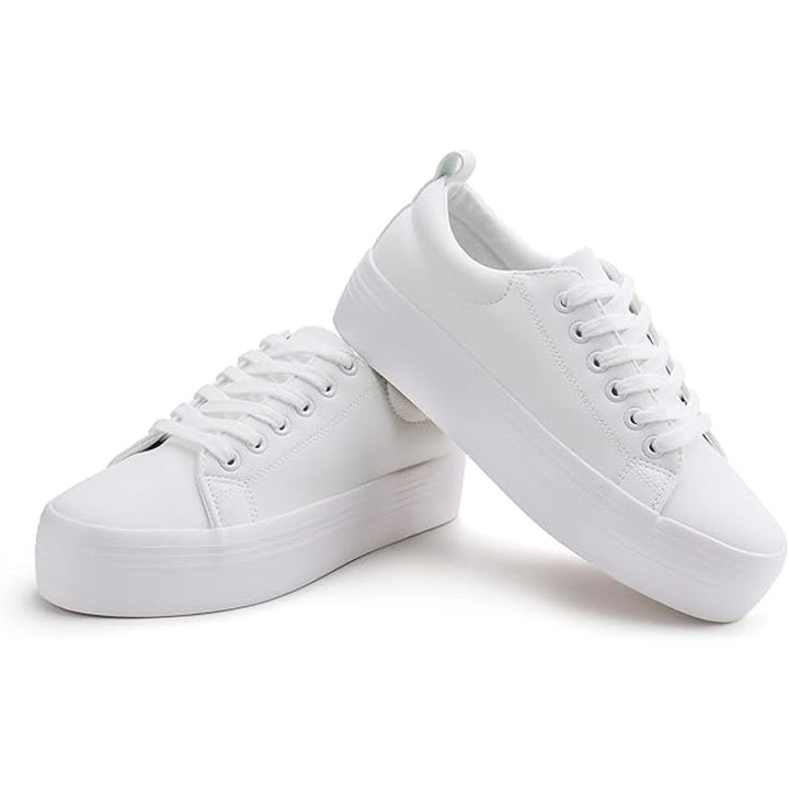 New Jabasic Womens Size 8 White Faux Leather Lace Up Platform Sneaker Shoes