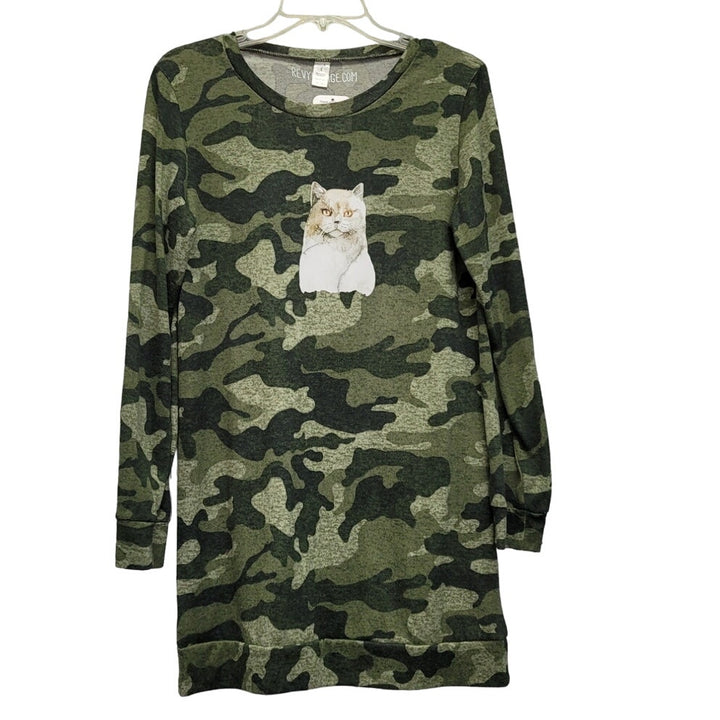 Hand Printed Upcycled Womens Large Long Sleeve Cat Kitten Camo Sweatshirt Dress