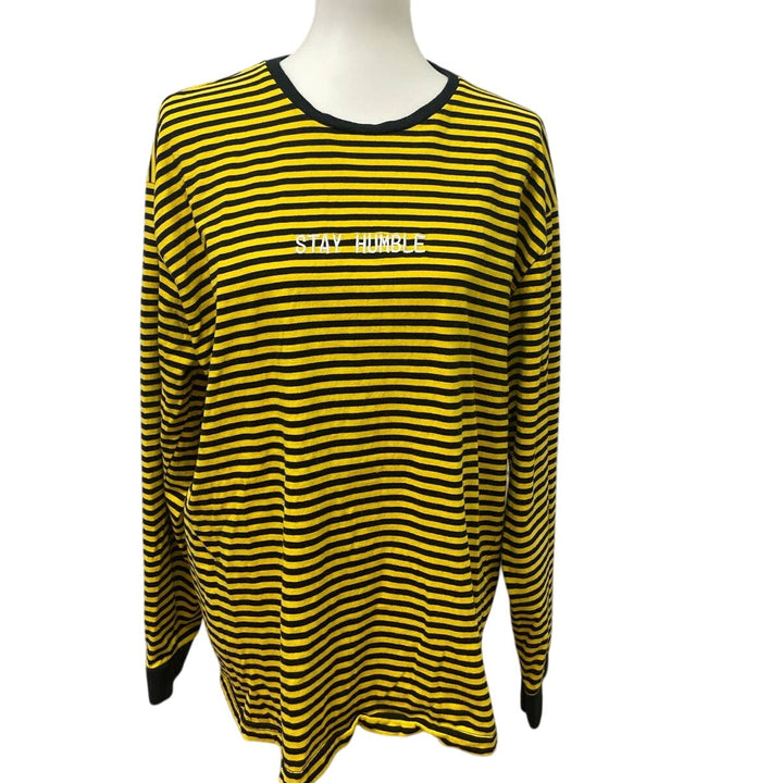 Forever 21 Men XL Stay Humble Black Yellow Striped Long Sleeve Crew Neck Tee