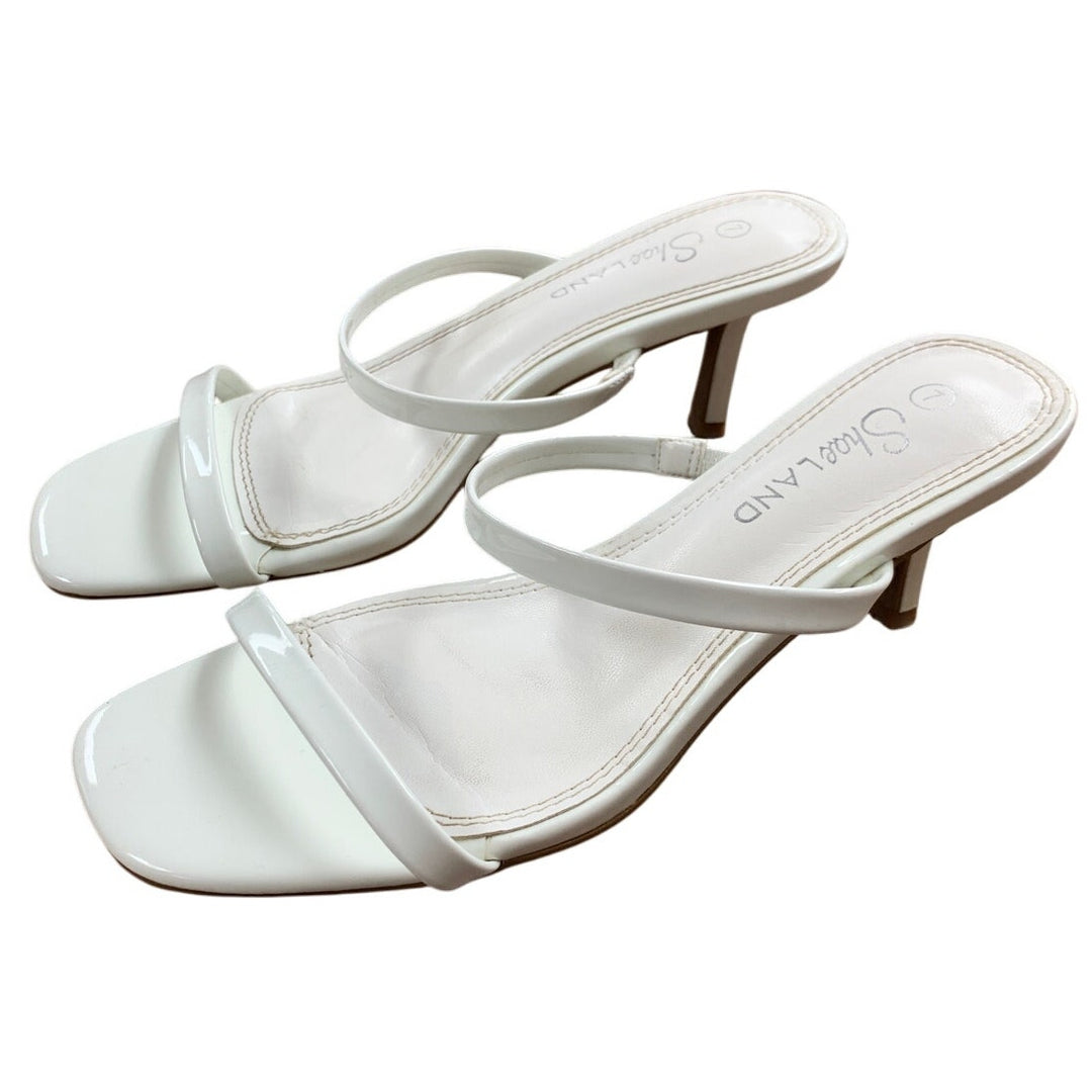 Shoe Land Womens Size 7 White Open Toe Slide On 3" Kitten Heel Dressy Shoes