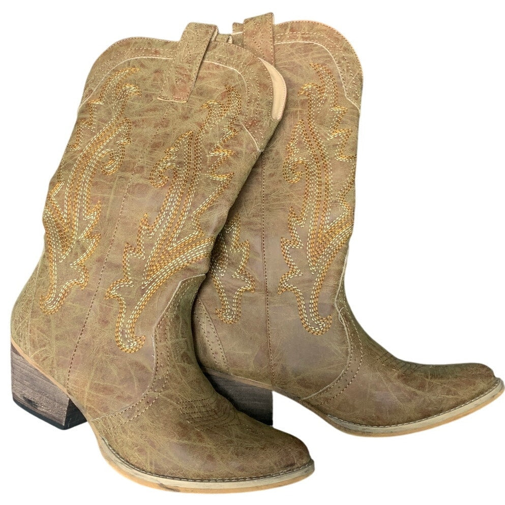 Rollda Womens Size 8 Rugged Brown Embroidered 2" Block Heel Western Cowboy Boots
