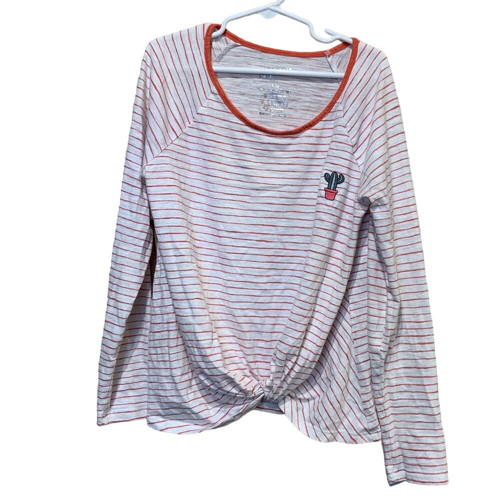 Arizona Jeans Girls M 10/12 Long Sleeve Succulent Striped Cactus Patch Shirt