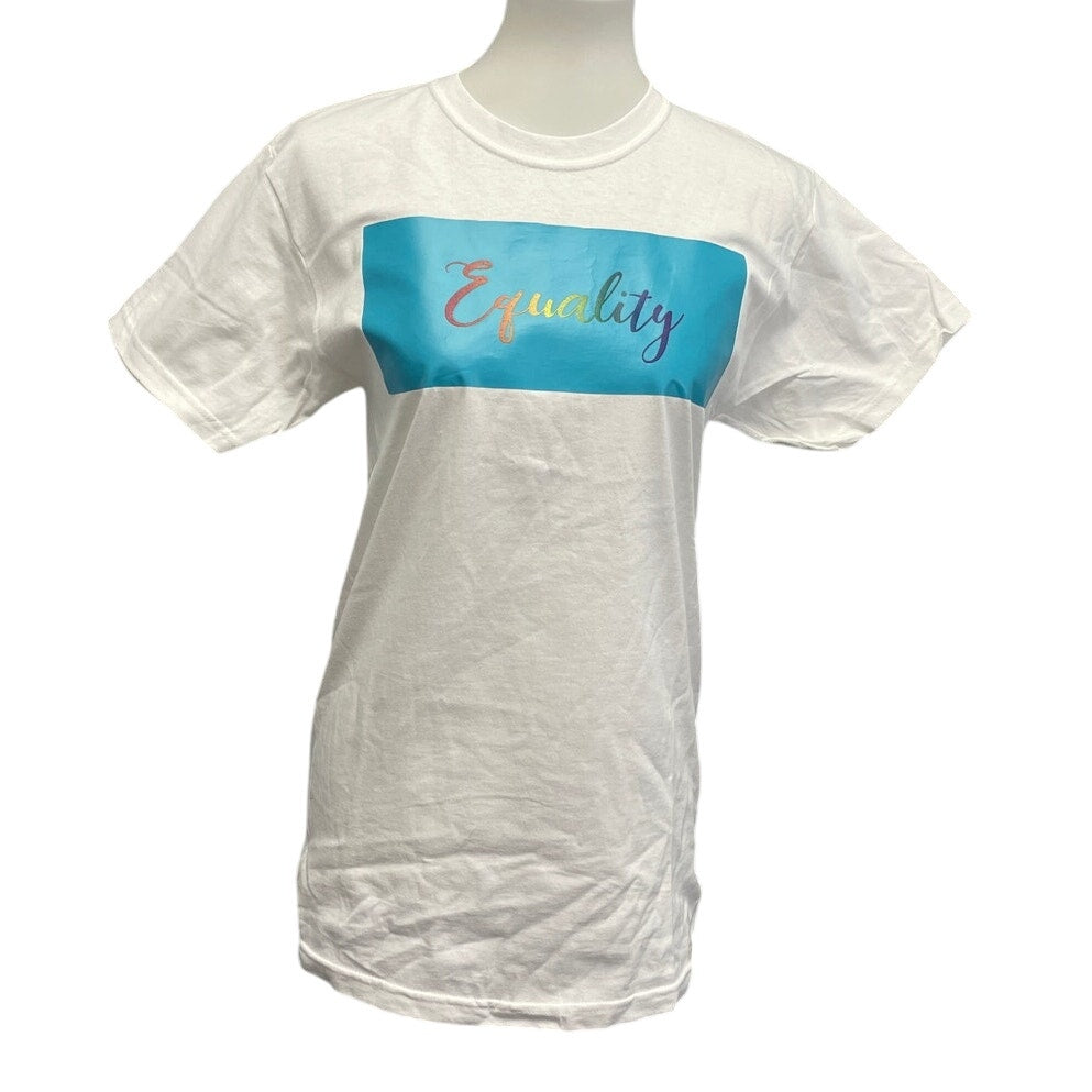 New Hand Printed Upcycled Womens Small Rainbow Equality Short Sleeve Tee Shirt
