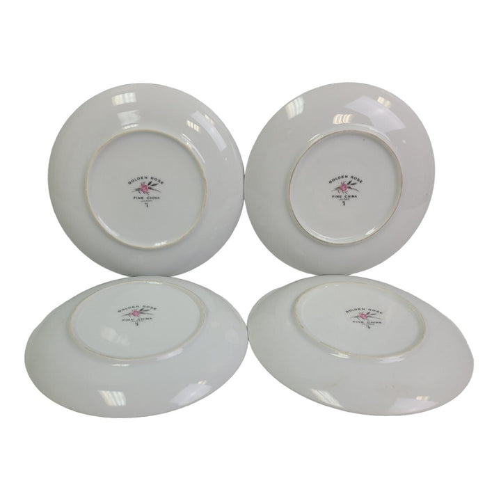 4 Vintage Golden Rose Flower Gold Rim Fine China Japan Small Salad Plates