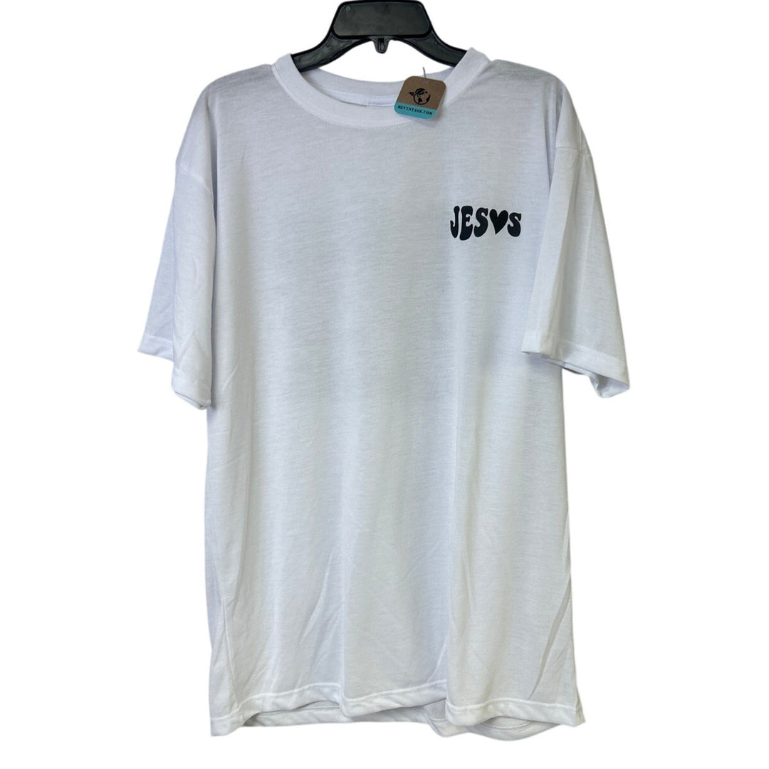 New Hand Printed Mens Large White Jesus Has My Back Short Sleeve Tee Shirt