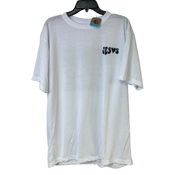 New Hand Printed Mens Large White Jesus Has My Back Short Sleeve Tee Shirt