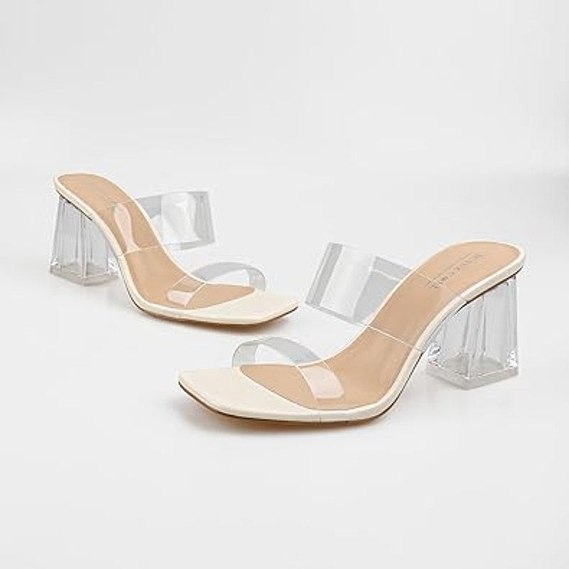 Bctex Coll Womens Clear Plastic 3.5" Chunky Heel Open Toe Off White Sandal Shoes