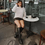 Aminugal Womens Size 9.5 Black Faux Leather Elastic Knee High Platform Boots