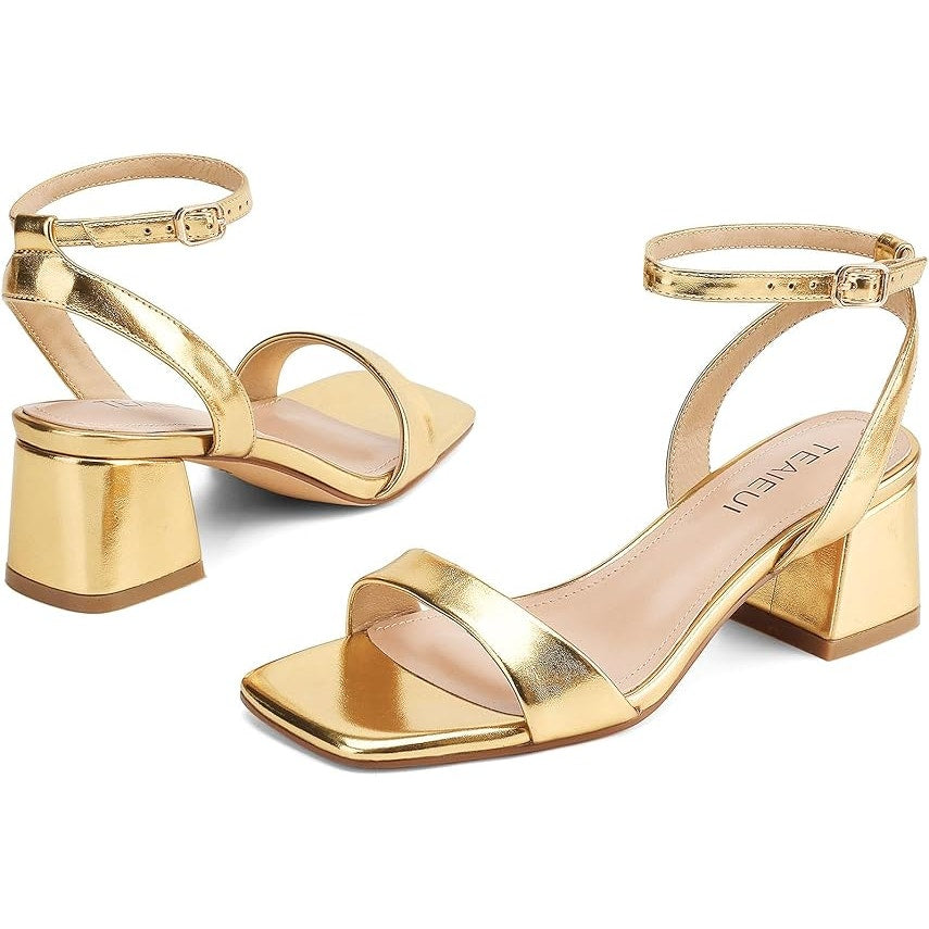 Teaieui Womens Size 9 Gold 2.25" Chunky Heel Open Square Toe Ankle Strap Shoes
