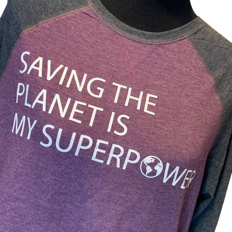 Hand Printed Upcycled Mens Large Saving the Planet Superpower Long Sleeve Tee