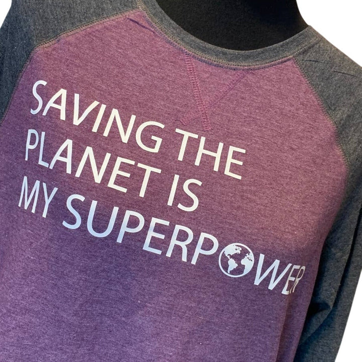 Hand Printed Upcycled Mens Large Saving the Planet Superpower Long Sleeve Tee