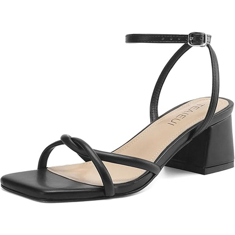 New Teaieui Womens Size 6.5 Black Open Toe 2.5" Block Heel Ankle Strap Shoes