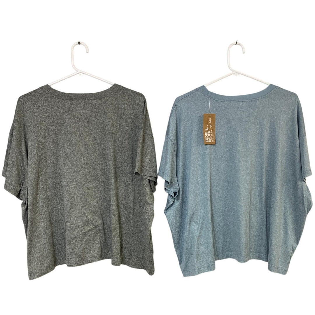 2 New Eddie Bauer Womens 2X 30UPF Green Blue Surreal Travel Crew Neck Tee Shirts