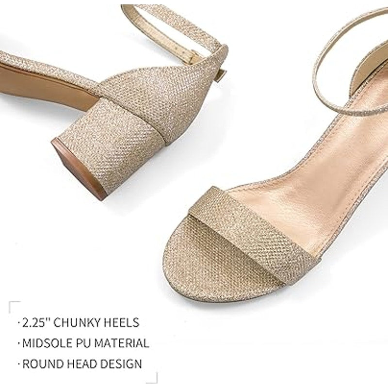 Mysoft Womens Size 7.5 Gold Glitter 2.5" Chunky Heel Open Toe Ankle Strap Shoes