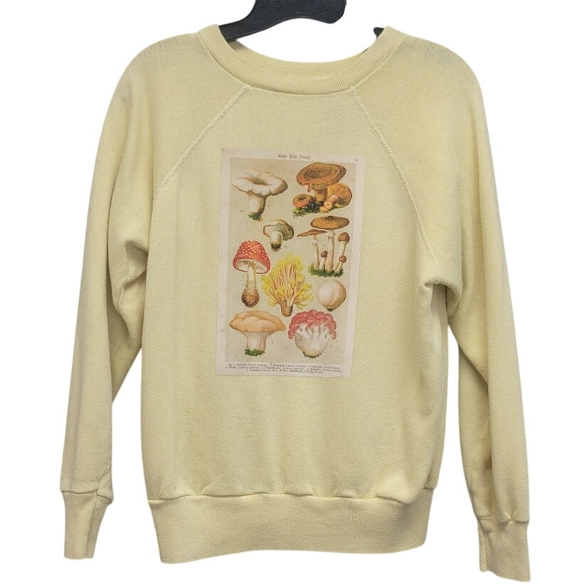Hand Printed Upcycled Womens Medium Vintage Reference Book Mushroom Sweatshirt