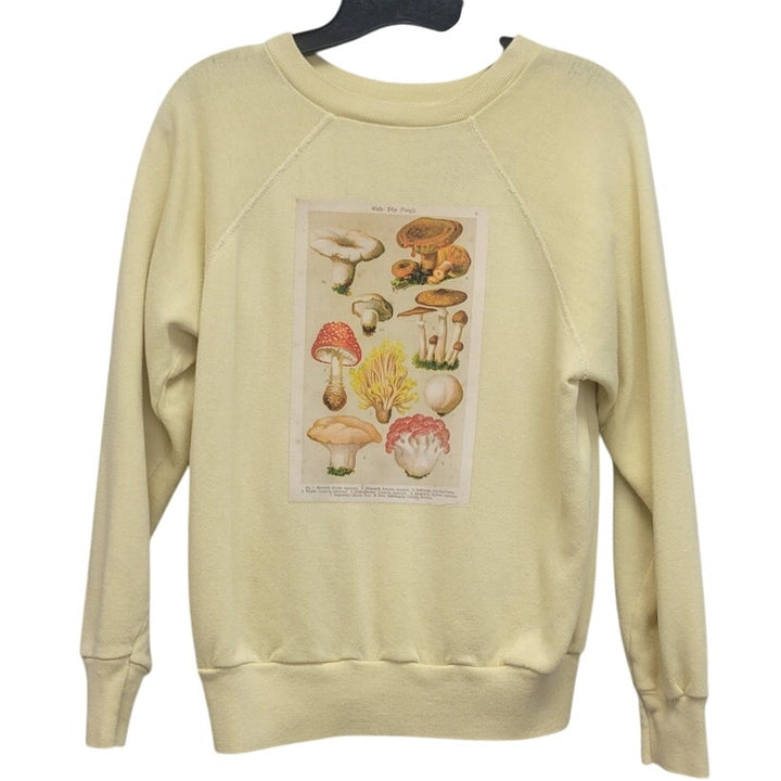 Hand Printed Upcycled Womens Medium Vintage Reference Book Mushroom Sweatshirt